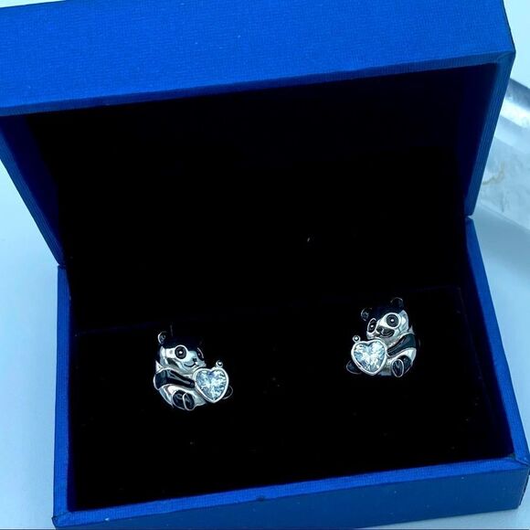 Panda Bear Sterling Silver CZ Heart Stud Earrings - Picture 2 of 4